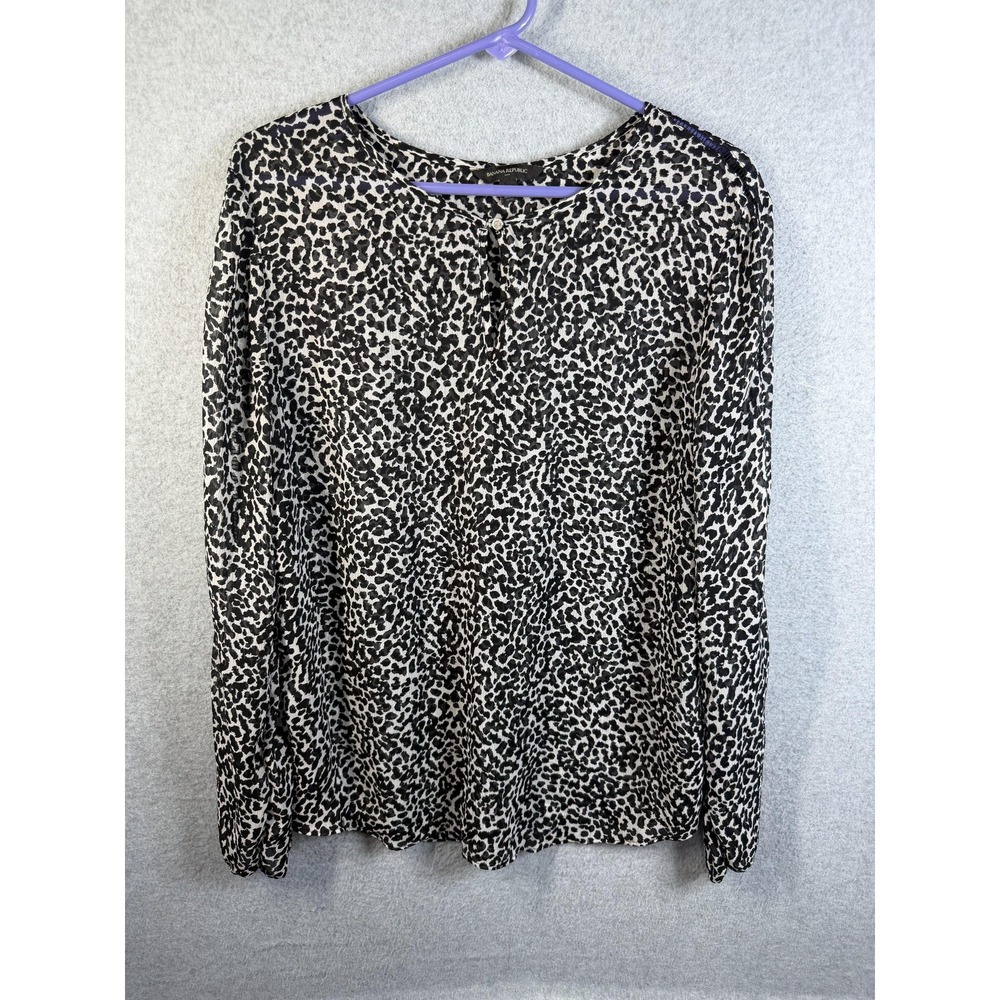 Banana Republic Blouse Womens Large Black White Animal Print Long Sleeve Top